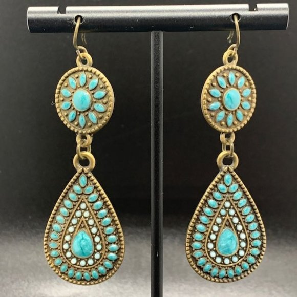 Jewelry - Brass Tone Turquoise Enamel Southwestern Dangle Earrings 2.75"